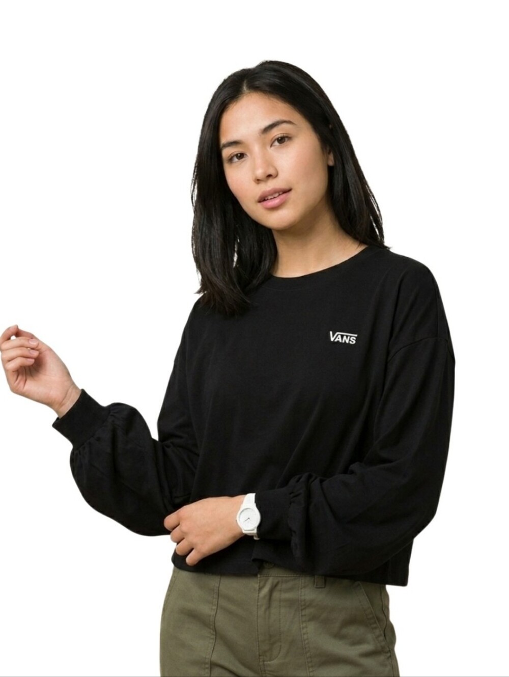 Vans Women's Large Black Long Sleeve Cropped T-Shirt Embroidered Logo Crewneck